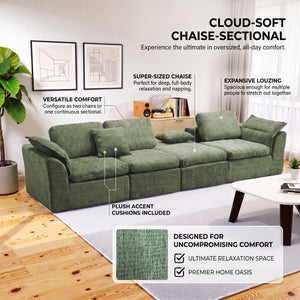 English Elm Boneless Cloud Sectional Sofa with Ottoman Memory Foam Deep Seat Modern Living Room Green 98.43 L x 35.43 W x 35.43 H W3653S00010