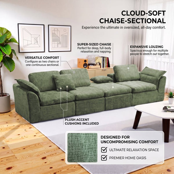 English Elm Boneless Cloud Sectional Sofa with Ottoman Memory Foam Deep Seat Modern Living Room Green 98.43 L x 35.43 W x 35.43 H W3653S00010