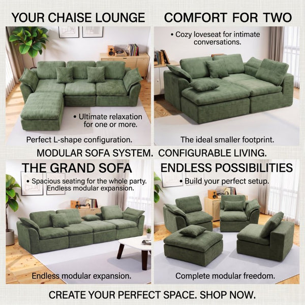 English Elm Boneless Cloud Sectional Sofa with Ottoman Memory Foam Deep Seat Modern Living Room Green 98.43 L x 35.43 W x 35.43 H W3653S00010