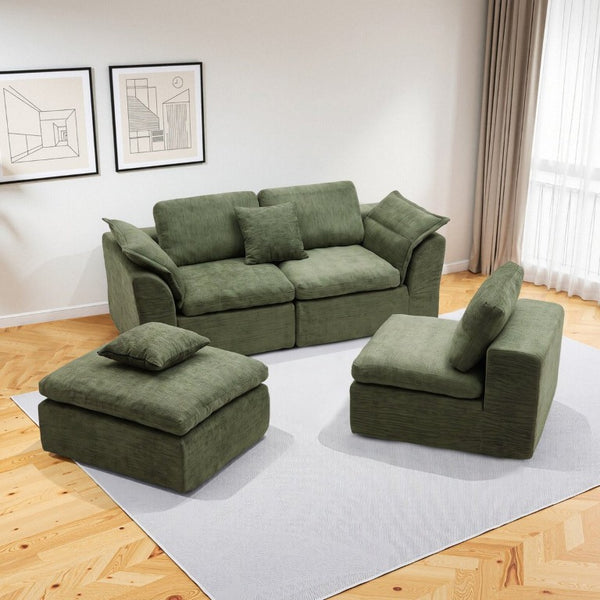 English Elm Boneless Cloud Sectional Sofa with Ottoman Memory Foam Deep Seat Modern Living Room Green 98.43 L x 35.43 W x 35.43 H W3653S00010
