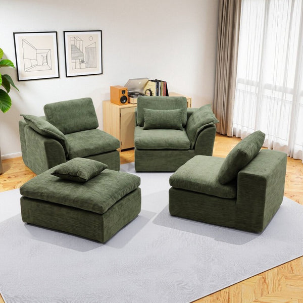 English Elm Boneless Cloud Sectional Sofa with Ottoman Memory Foam Deep Seat Modern Living Room Green 98.43 L x 35.43 W x 35.43 H W3653S00010