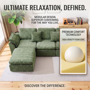 English Elm Boneless Cloud Sectional Sofa with Ottoman Memory Foam Deep Seat Modern Living Room Green 98.43 L x 35.43 W x 35.43 H W3653S00010