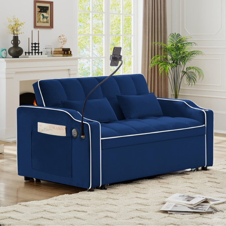 English Elm Double Chaise Lounge Corduroy Sofa with Bluetooth Speaker USB Port and Storage Ottomans Blue 53 L x 33.25 W x 30.5 H W3705P454260