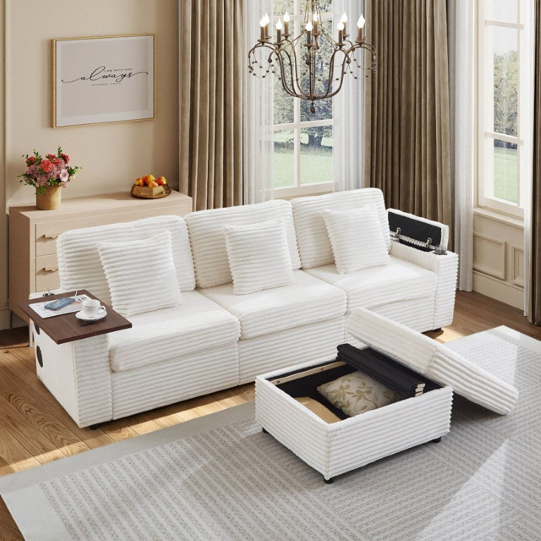 English Elm Oversized Corduroy Modular Sectional with Bluetooth Speaker USB Port and Hidden Storage White 101.25 L x 57.5 W x 36.5 H W3705S00048