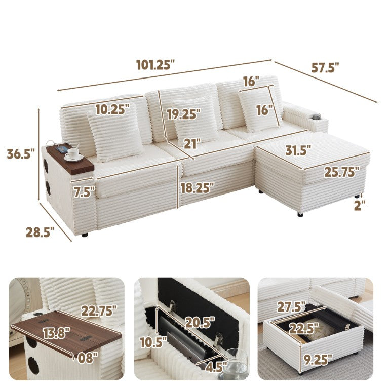 English Elm Oversized Corduroy Modular Sectional with Bluetooth Speaker USB Port and Hidden Storage White 101.25 L x 57.5 W x 36.5 H W3705S00048