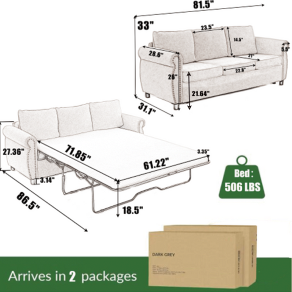 English Elm 3 Seater Chesterfield Sleeper Sofa Burlap Upholstered Rolled Arm Convertible Couch W3705S00053