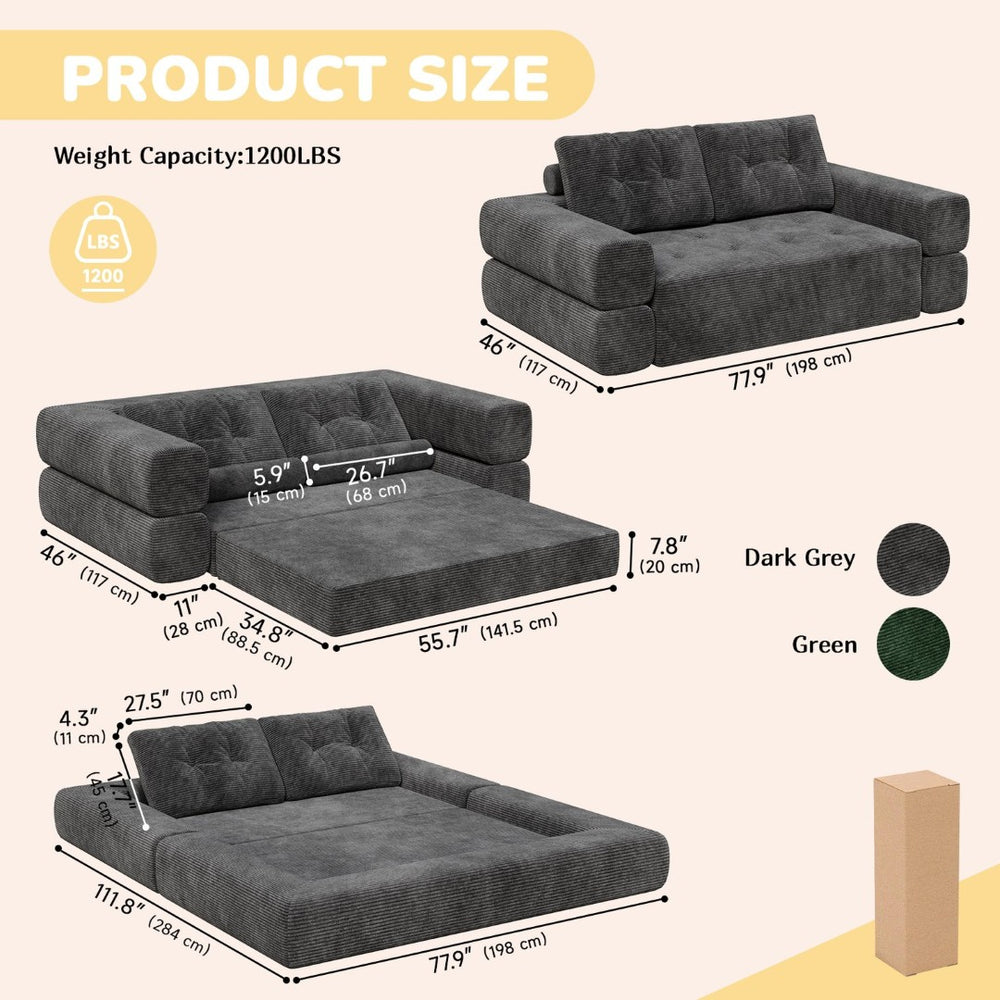English Elm Fvkind Corduroy Convertible Sleeper Sofa Bed with High-density Foam for Living Room W3706P520630