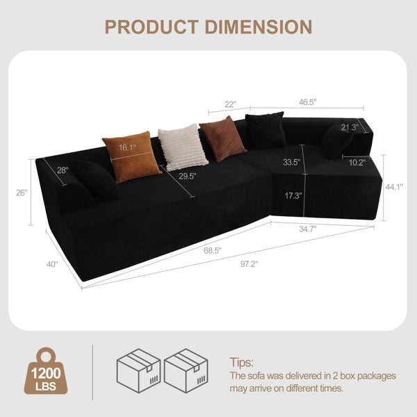 English Elm 125" Modular Cloud Sectional Sofa with Deep Foam Seat Six Pillows No Assembly Black W3706S00004