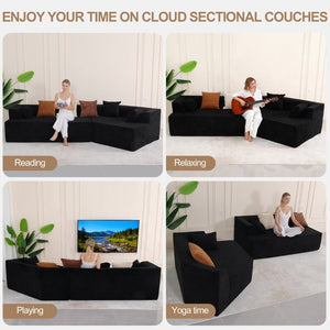 English Elm 125" Modular Cloud Sectional Sofa with Deep Foam Seat Six Pillows No Assembly Black W3706S00004