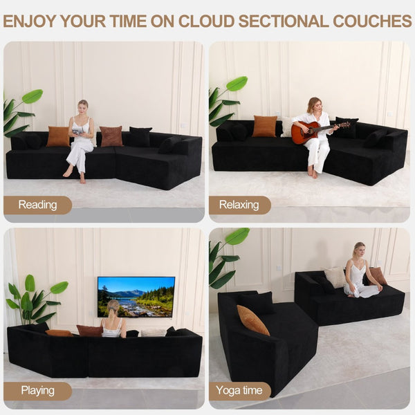 English Elm 125" Modular Cloud Sectional Sofa with Deep Foam Seat Six Pillows No Assembly Black W3706S00004