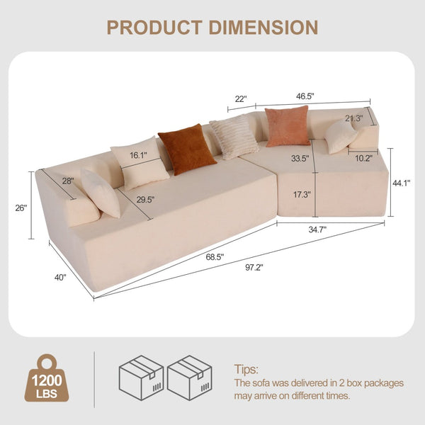 English Elm 125" Modular Cloud Sectional Sofa with Deep Foam Seat Six Pillows No Assembly Beige W3706S00005