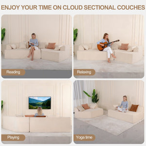 English Elm 125" Modular Cloud Sectional Sofa with Deep Foam Seat Six Pillows No Assembly Beige W3706S00005