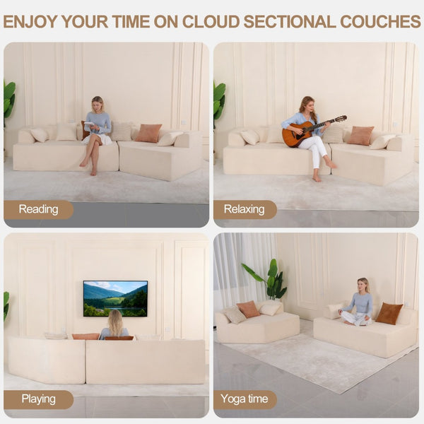 English Elm 125" Modular Cloud Sectional Sofa with Deep Foam Seat Six Pillows No Assembly Beige W3706S00005