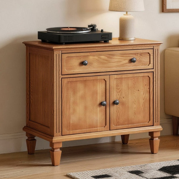 English Elm Farmhouse Nightstand with Built-In Charging Ports Drawer and Cabinet for Bedroom Natural W3720P504531