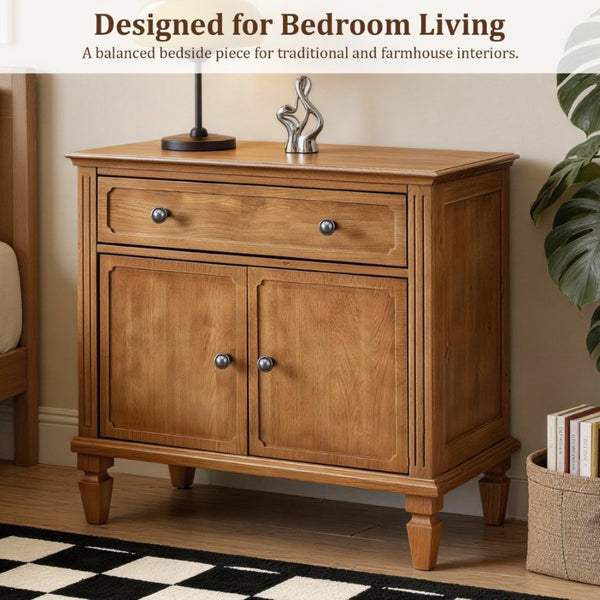 English Elm Farmhouse Nightstand with Built-In Charging Ports Drawer and Cabinet for Bedroom Natural W3720P504531