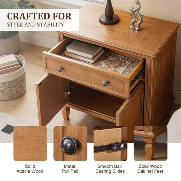 English Elm Farmhouse Nightstand with Built-In Charging Ports Drawer and Cabinet for Bedroom Natural W3720P504531