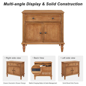English Elm Farmhouse Nightstand with Built-In Charging Ports Drawer and Cabinet for Bedroom Natural W3720P504531