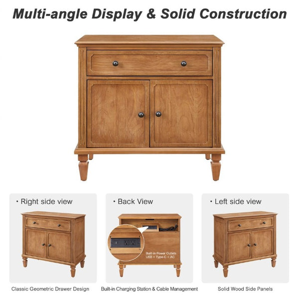 English Elm Farmhouse Nightstand with Built-In Charging Ports Drawer and Cabinet for Bedroom Natural W3720P504531