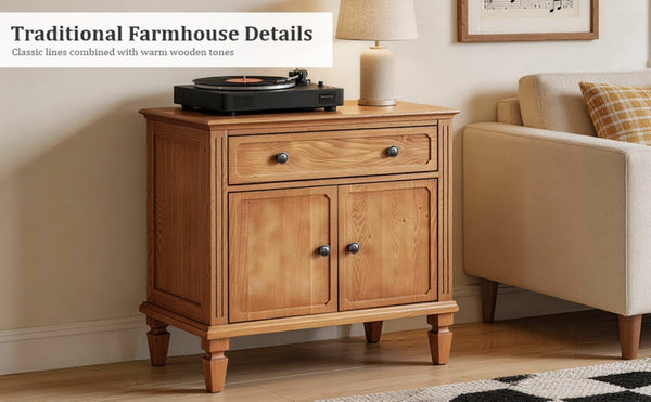 English Elm Farmhouse Nightstand with Built-In Charging Ports Drawer and Cabinet for Bedroom Natural W3720P504531