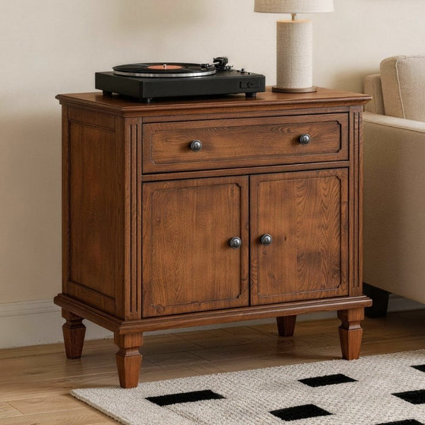 English Elm Farmhouse Nightstand with Built-In Charging Ports Drawer and Cabinet for Bedroom Walnut W3720P504552