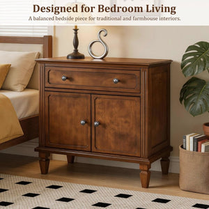 English Elm Farmhouse Nightstand with Built-In Charging Ports Drawer and Cabinet for Bedroom Walnut W3720P504552