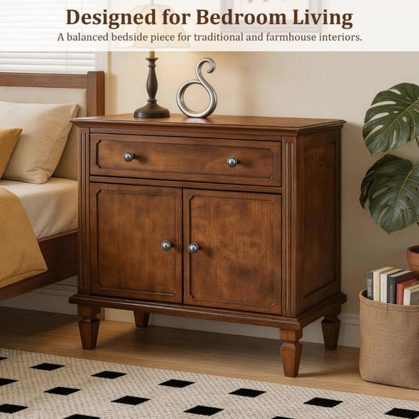 English Elm Farmhouse Nightstand with Built-In Charging Ports Drawer and Cabinet for Bedroom Walnut W3720P504552