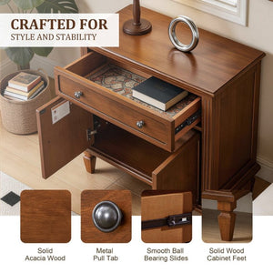 English Elm Farmhouse Nightstand with Built-In Charging Ports Drawer and Cabinet for Bedroom Walnut W3720P504552