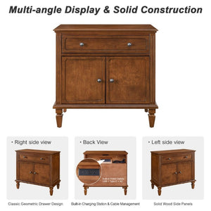 English Elm Farmhouse Nightstand with Built-In Charging Ports Drawer and Cabinet for Bedroom Walnut W3720P504552