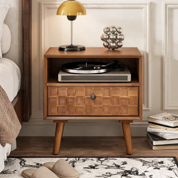 English Elm 22 Inch Mid-Century Modern Nightstand Carved Geometric Drawer Open Shelf Solid Wood Legs W3720P505807