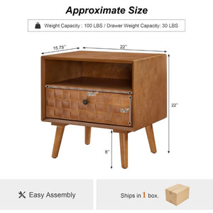 English Elm 22 Inch Mid-Century Modern Nightstand Carved Geometric Drawer Open Shelf Solid Wood Legs W3720P505807