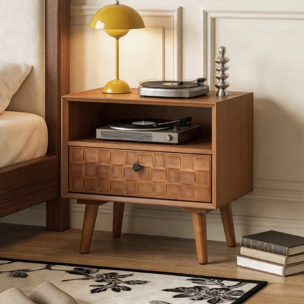 English Elm 22 Inch Mid-Century Modern Nightstand Carved Geometric Drawer Open Shelf Solid Wood Legs W3720P505807
