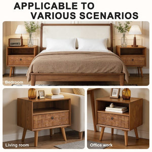 English Elm 22 Inch Mid-Century Modern Nightstand Carved Geometric Drawer Open Shelf Solid Wood Legs W3720P505807