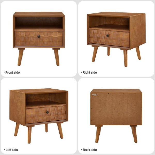 English Elm 22 Inch Mid-Century Modern Nightstand Carved Geometric Drawer Open Shelf Solid Wood Legs W3720P505807