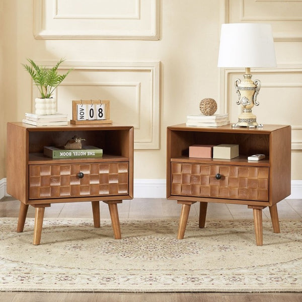 English Elm 22 Inch Mid-Century Modern Nightstand Carved Geometric Drawer Open Shelf Solid Wood Legs W3720P505807