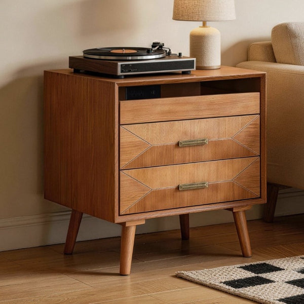 English Elm 24 Inch Mid-Century Nightstand with USB Charging Two Drawers and Open Shelf for Bedroom Light Oak W3720P505835