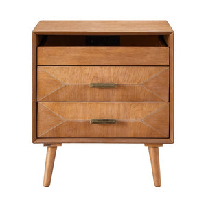 English Elm 24 Inch Mid-Century Nightstand with USB Charging Two Drawers and Open Shelf for Bedroom Light Oak W3720P505835