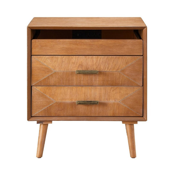 English Elm 24 Inch Mid-Century Nightstand with USB Charging Two Drawers and Open Shelf for Bedroom Light Oak W3720P505835