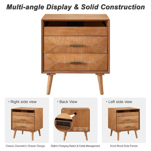 English Elm 24 Inch Mid-Century Nightstand with USB Charging Two Drawers and Open Shelf for Bedroom Light Oak W3720P505835