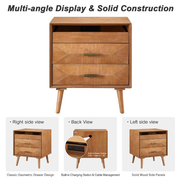 English Elm 24 Inch Mid-Century Nightstand with USB Charging Two Drawers and Open Shelf for Bedroom Light Oak W3720P505835