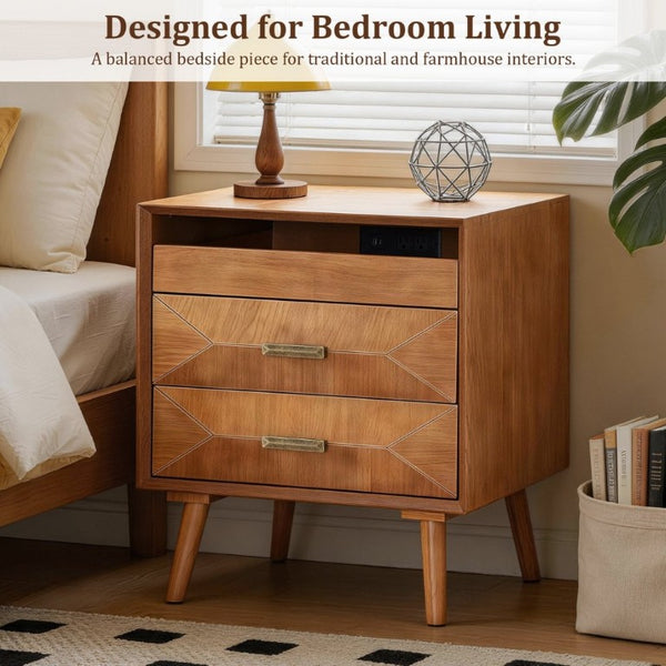 English Elm 24 Inch Mid-Century Nightstand with USB Charging Two Drawers and Open Shelf for Bedroom Light Oak W3720P505835