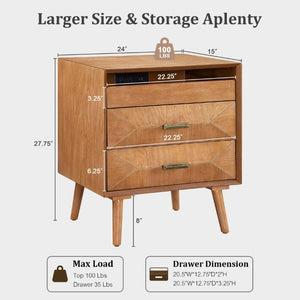 English Elm 24 Inch Mid-Century Nightstand with USB Charging Two Drawers and Open Shelf for Bedroom Light Oak W3720P505835