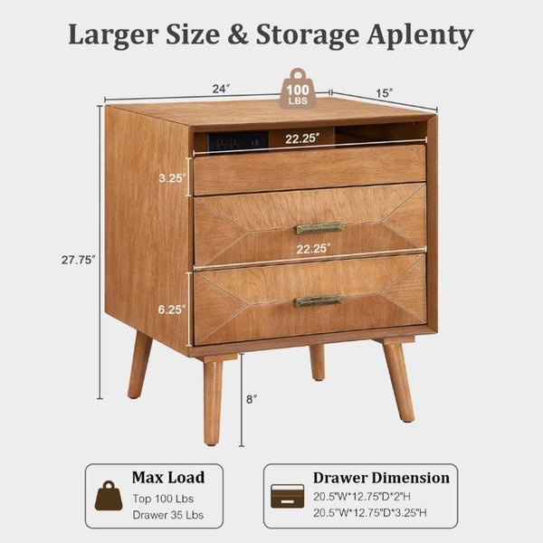 English Elm 24 Inch Mid-Century Nightstand with USB Charging Two Drawers and Open Shelf for Bedroom Light Oak W3720P505835