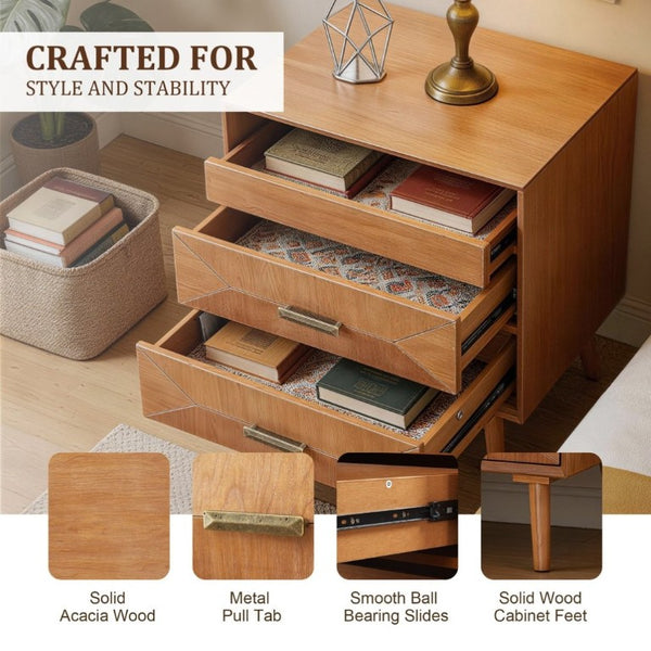 English Elm 24 Inch Mid-Century Nightstand with USB Charging Two Drawers and Open Shelf for Bedroom Light Oak W3720P505835