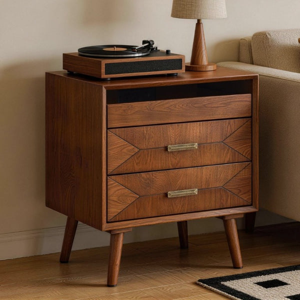 English Elm 24 Inch Mid-Century Nightstand with USB Charging Two Drawers and Open Shelf for Bedroom Walnut W3720P505848
