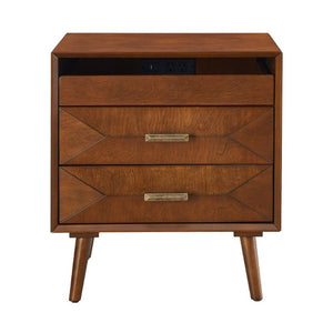 English Elm 24 Inch Mid-Century Nightstand with USB Charging Two Drawers and Open Shelf for Bedroom Walnut W3720P505848