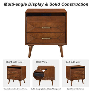 English Elm 24 Inch Mid-Century Nightstand with USB Charging Two Drawers and Open Shelf for Bedroom Walnut W3720P505848