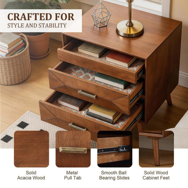 English Elm 24 Inch Mid-Century Nightstand with USB Charging Two Drawers and Open Shelf for Bedroom Walnut W3720P505848