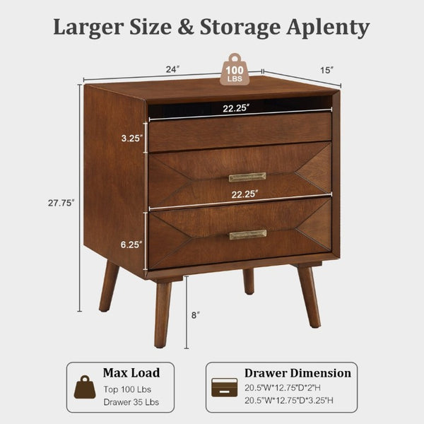 English Elm 24 Inch Mid-Century Nightstand with USB Charging Two Drawers and Open Shelf for Bedroom Walnut W3720P505848