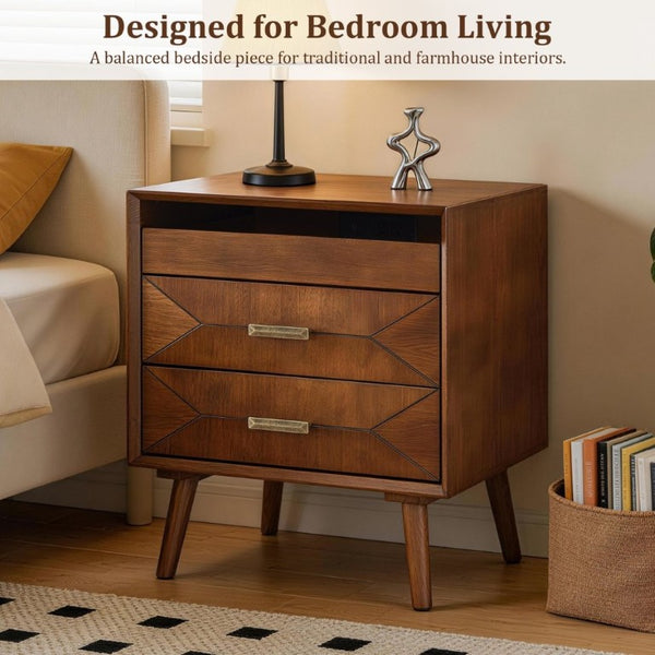 English Elm 24 Inch Mid-Century Nightstand with USB Charging Two Drawers and Open Shelf for Bedroom Walnut W3720P505848