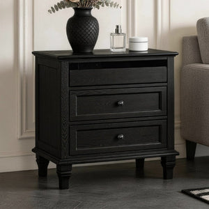 English Elm 28 Inch Farmhouse Nightstand with Built-In Charging Station Three Drawers Oak Finish Black W3720P505961